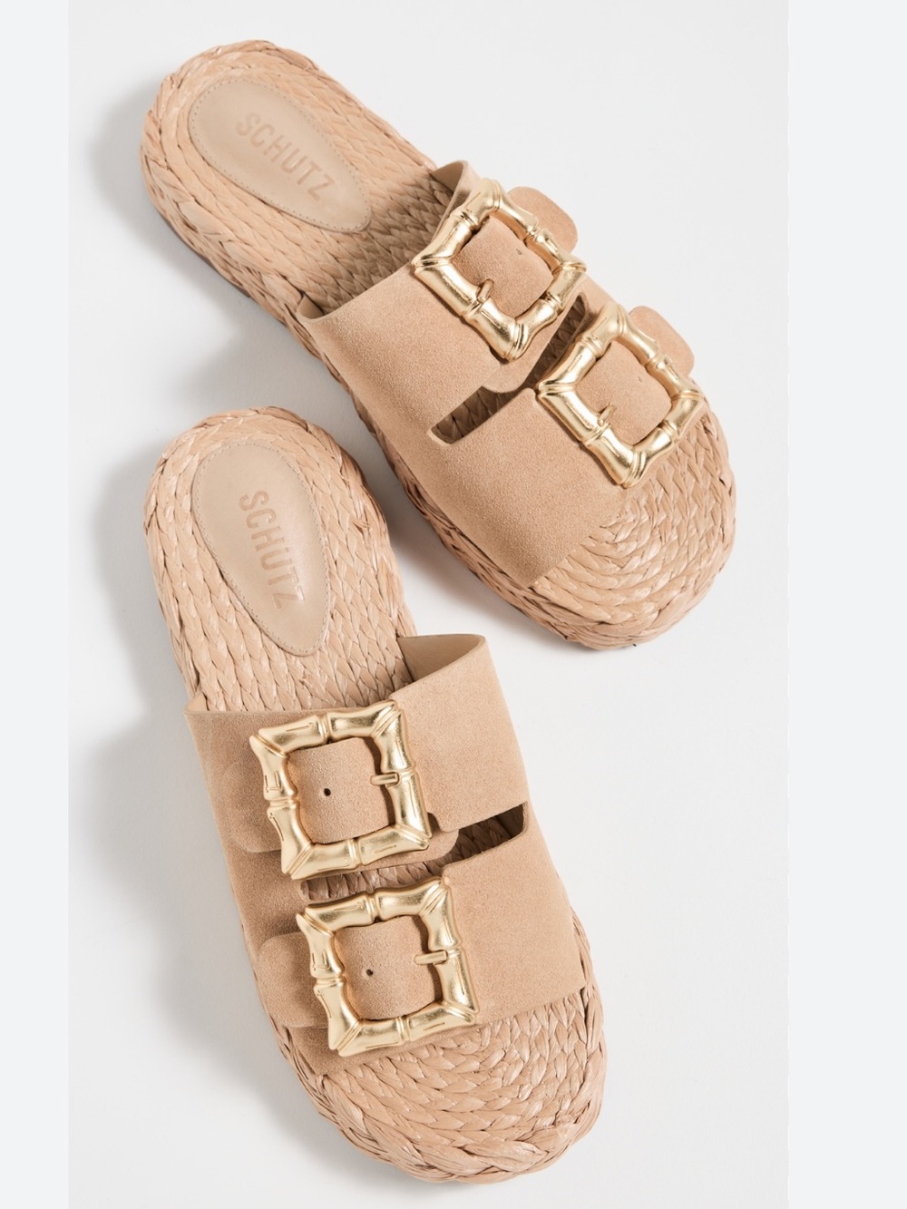 SCHUTZ Enola Rope Slide Sandals in Beige with Gold buckles